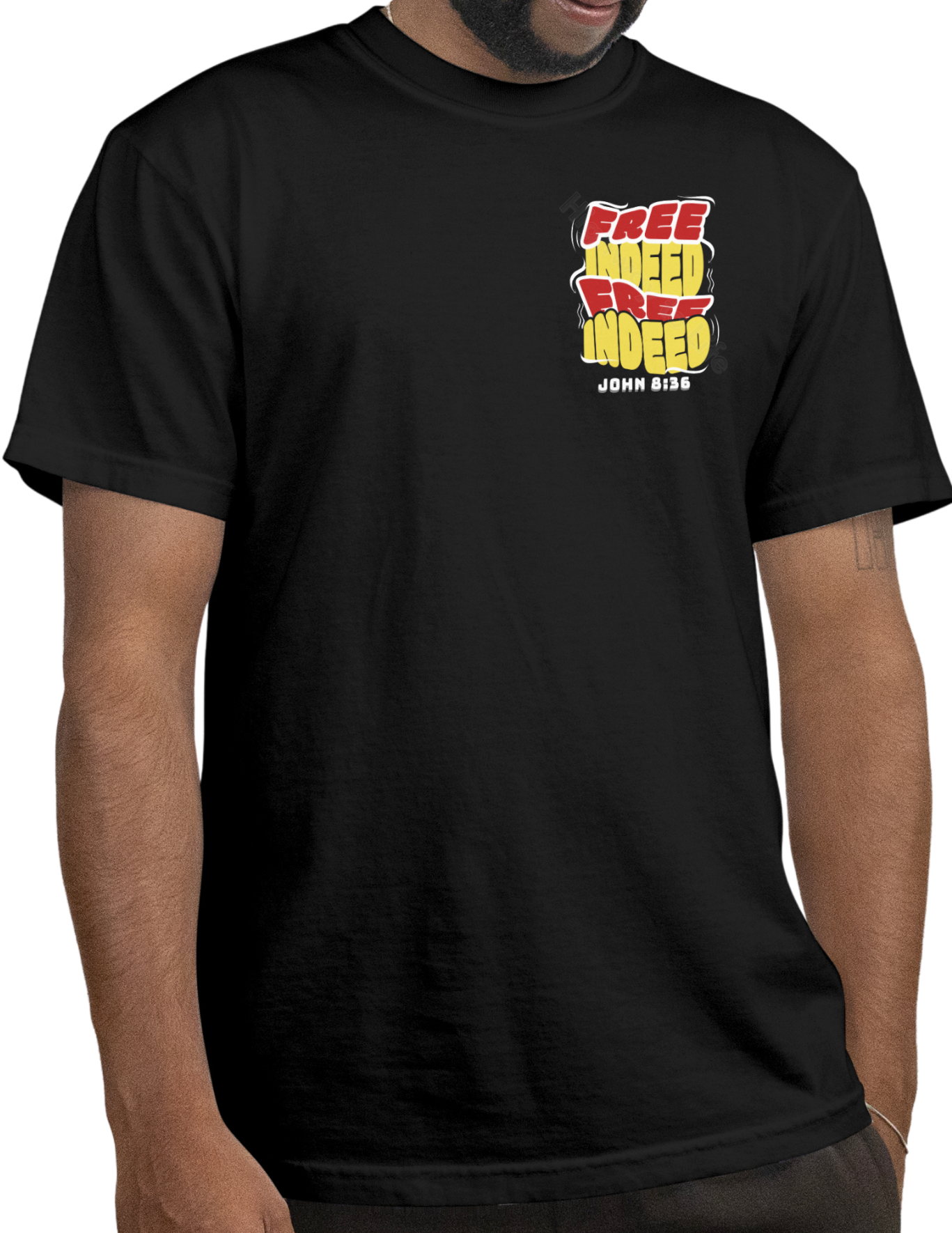 Free Indeed (yellow and red letters), T-shirt