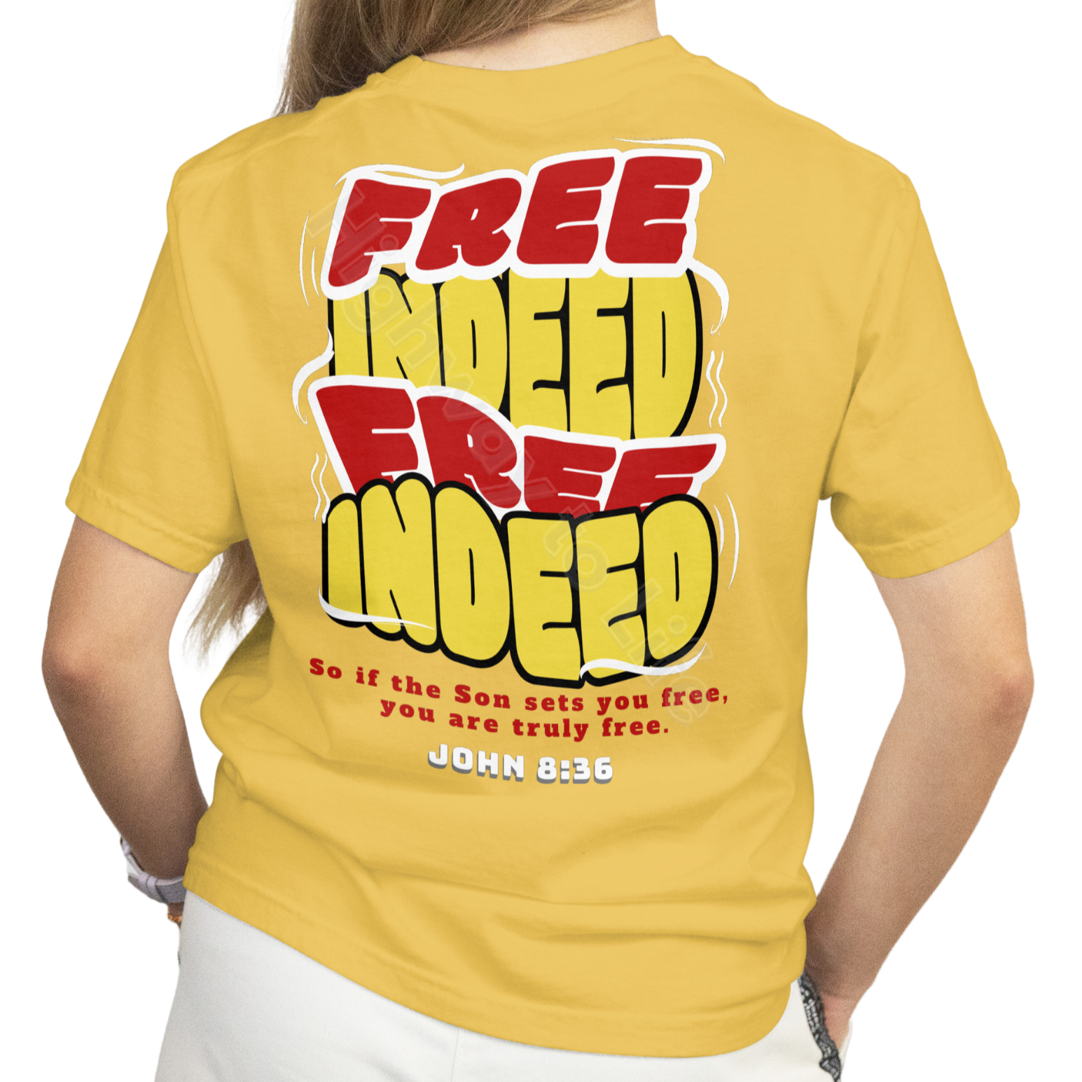 Free Indeed (yellow and red letters), T-shirt