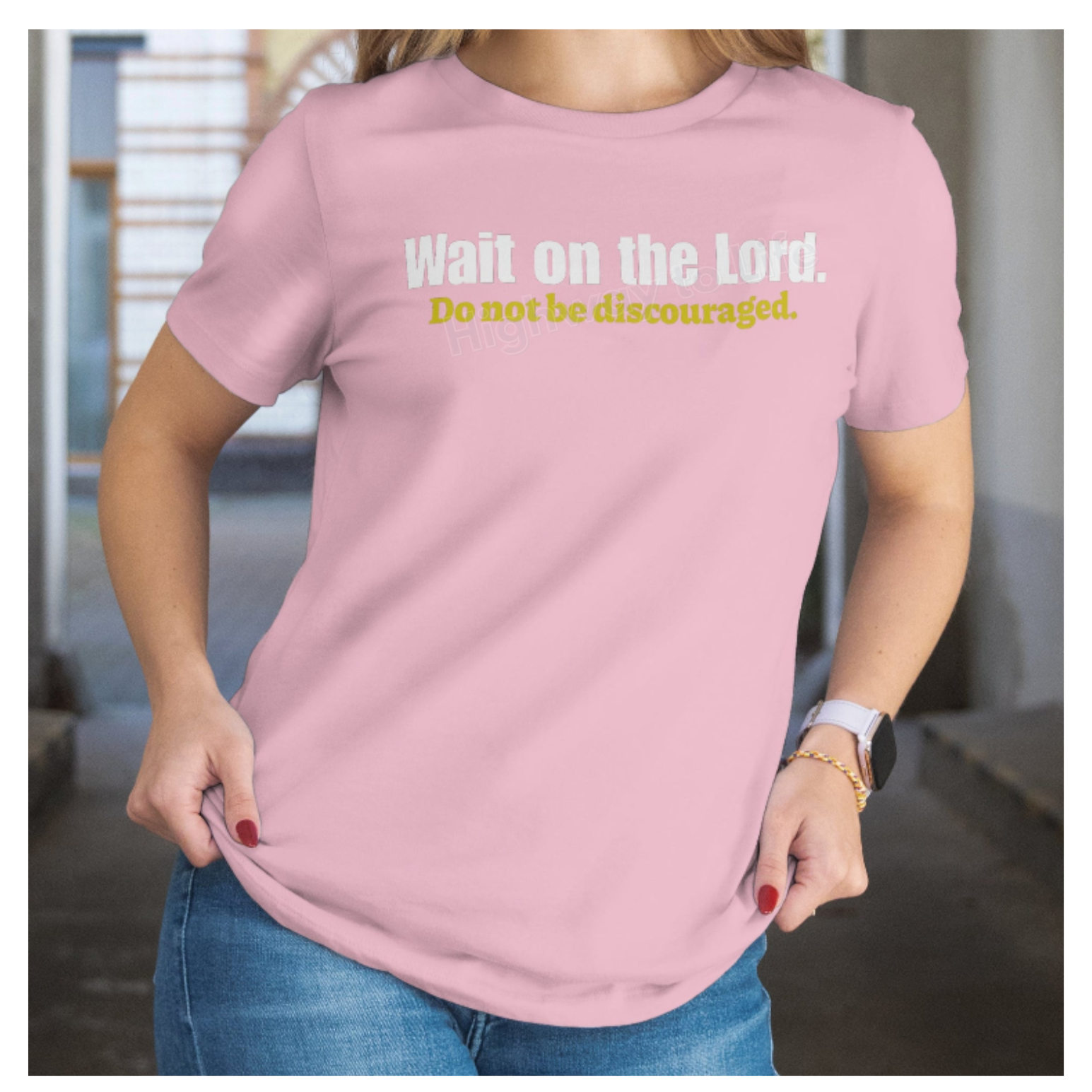 Wait on the Lord (do not be discouraged), T-shirt (yellow letters)