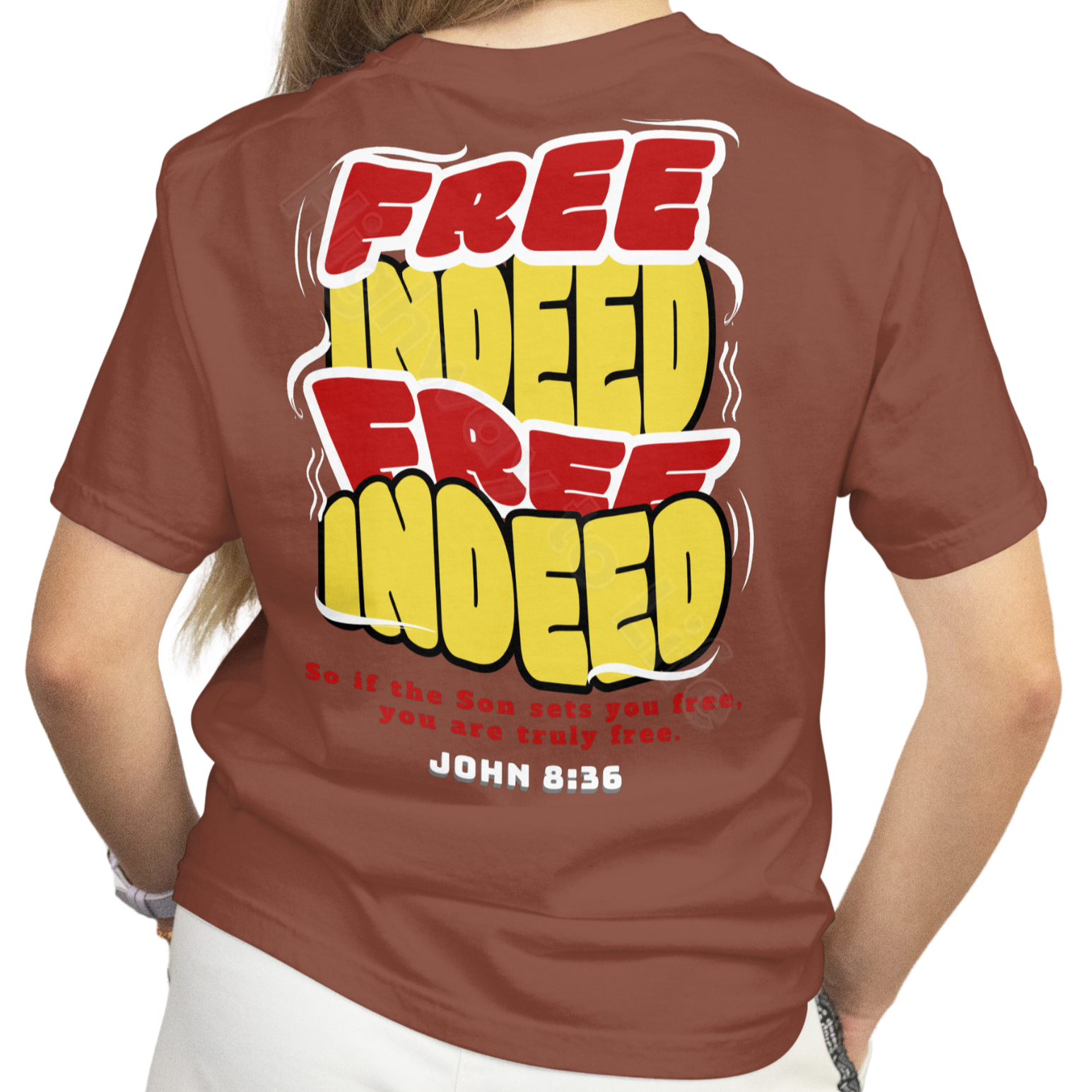 Free Indeed (yellow and red letters), T-shirt