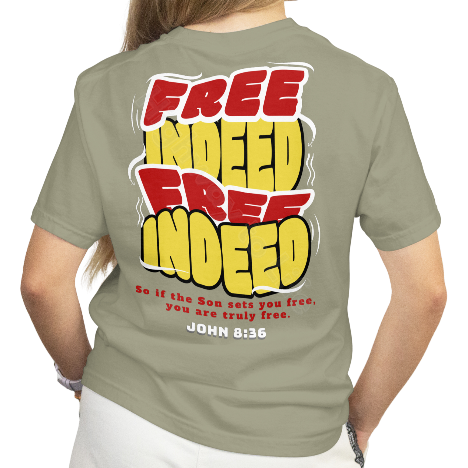 Free Indeed (yellow and red letters), T-shirt