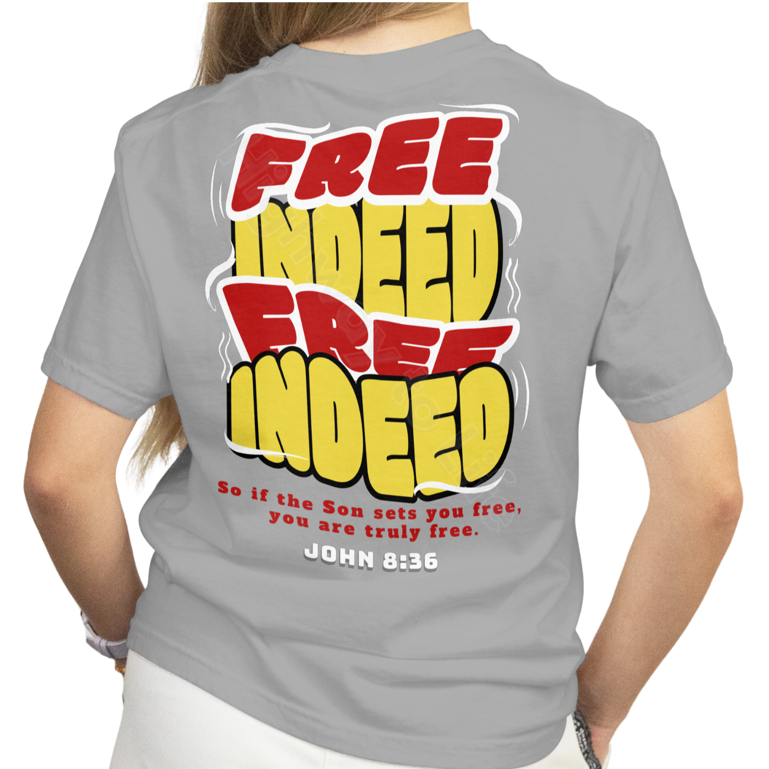 Free Indeed (yellow and red letters), T-shirt
