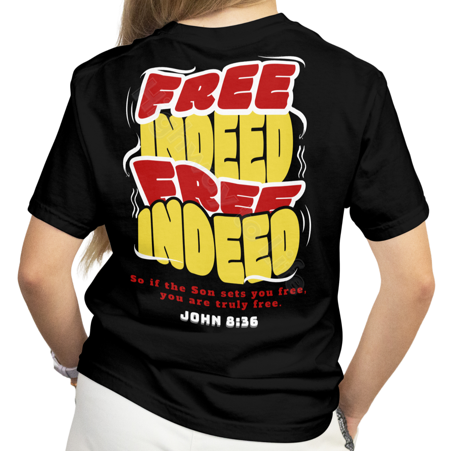 Free Indeed (yellow and red letters), T-shirt